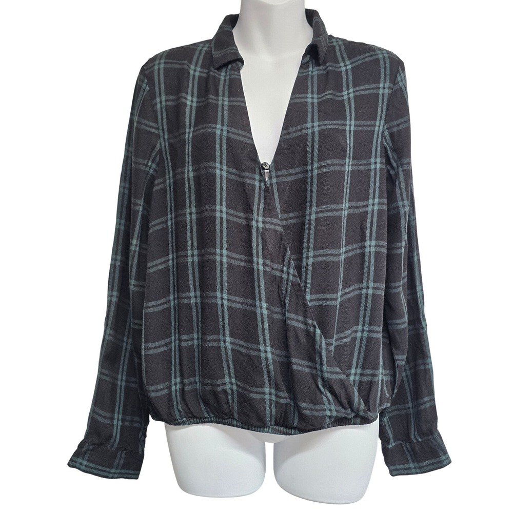Madewell Womens Plaid Surplice Wrap Top Green‎ Black Long Sleeve Large
